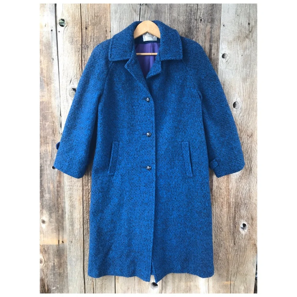SOLD! VTG 70s Ferncroft 100% Wool Mottled Blue Overcoat, 11/12P, Union Made - Picture 1 of 9